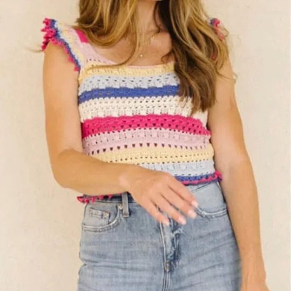 Sincerely Jules Crochet Crop Top Womens Small Flutter Sleeve Striped Knit Shirt